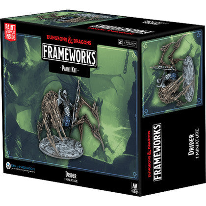 Don’t miss out on this fantastic new D&D DRIDER: Paint Event Kit! It’s an exciting, interactive, and easy way to learn how to paint your own miniatures. Thanks to this all in - one - event kit, you will be able to attack this miniature like a painting pro and bring the dreaded beast Drider to life! Specially designed to help painters at all experience levels! The Dungeons & Dragons Frameworks: Paint Kit - Drider Includes: (1) D&D Frameworks: Drider Unpainted Figure, (12) Expertly curated Vallejo paint color