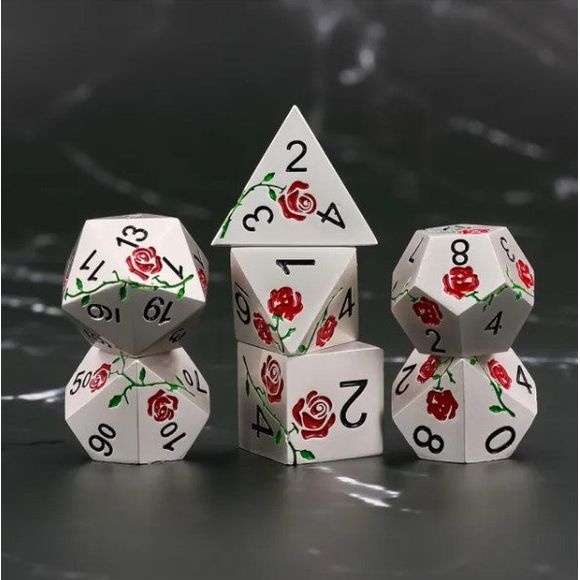 The perfect companion for your gaming needs! These premium die-cast polyhedral dice are exactly what you've been searching for that upcoming game night with the group. Each set weighs roughly 5 ounces and are stored in a quality, brushed metal tin with foam insert. These dice are engraved with crisp, easy-to-read numerals. Many styles and colors are available.

This set includes one of each: d20, d12, d10, d10 (percentile), d8, d6, and a d4 (7 dice in total). All inside a premium Dice Tin.