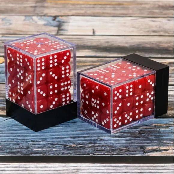 36 individual D6 dice in a container. Each die measures 12mm