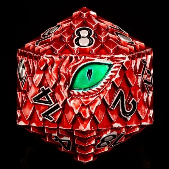 The perfect companion for your gaming needs! These premium die-cast polyhedral dice are exactly what you've been searching for that upcoming game night with the group. These dice are engraved with crisp, easy-to-read numerals. This particular D20 red dragon has a green eye