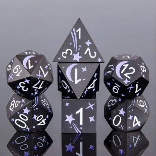 The perfect companion for your gaming needs! These premium die-cast polyhedral dice are exactly what you've been searching for that upcoming game night with the group. Each set weighs roughly 5 ounces and are stored in a quality, brushed metal tin with foam insert. These dice are engraved with crisp, easy-to-read numerals. Many styles and colors are available.

This set includes one of each: d20, d12, d10, d10 (percentile), d8, d6, and a d4 (7 dice in total). All inside a premium Dice Tin.