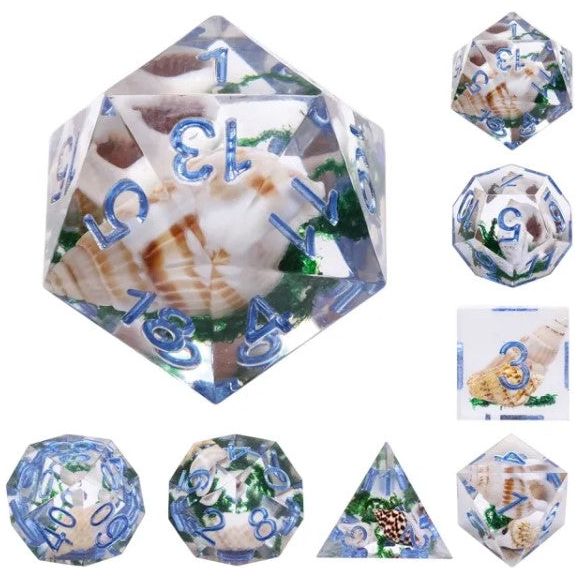 A 7 pcs Polyhedral dice set used for Dungeons and Dragons, MTG , RPG Games etc. The dice included are 1- D4,1- D6,1- D8,1- D10,1- D00,1- D12, and 1- D20

Each die holds small seashells and greenery inside!