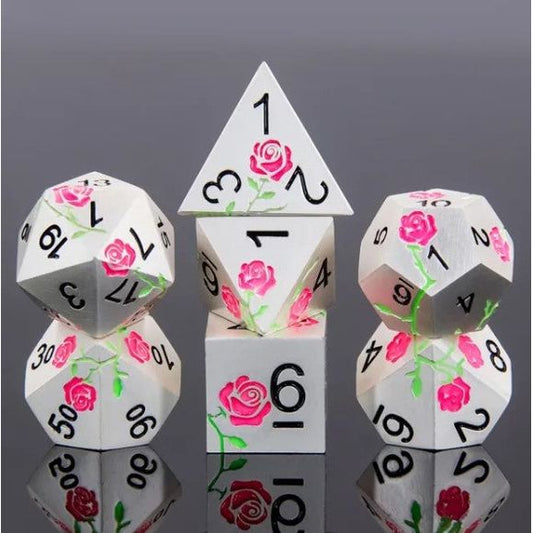 The perfect companion for your gaming needs! These premium die-cast polyhedral dice are exactly what you've been searching for that upcoming game night with the group. Each set weighs roughly 5 ounces and are stored in a quality, brushed metal tin with foam insert. These dice are engraved with crisp, easy-to-read numerals. Many styles and colors are available.

This set includes one of each: d20, d12, d10, d10 (percentile), d8, d6, and a d4 (7 dice in total). All inside a premium Dice Tin.