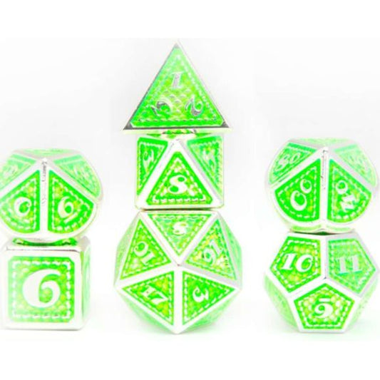 The perfect companion for your gaming needs! These premium die-cast polyhedral dice are exactly what you've been searching for that upcoming game night with the group. Stored in a quality, brushed metal tin with foam insert. These dice are a rich metal with nice weight to them and engraved each with crisp, easy-to-read numerals. Many styles and colors are available.

This set includes one of each: d20, d12, d10, d10 (percentile), d8, d6, and a d4 (7 dice in total). All inside the Galactic Toys Dice Tin.