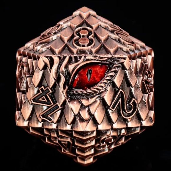 The perfect companion for your gaming needs! These premium die-cast polyhedral dice are exactly what you've been searching for that upcoming game night with the group. These dice are engraved with crisp, easy-to-read numerals. This particular D20 copper dragon has a red eye