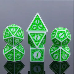 A 7 pcs Polyhedral dice set used for Dungeons and Dragons, MTG , RPG Games etc. The dice included are 1- D4,1- D6,1- D8,1- D10,1- D00,1- D12, and 1- D20