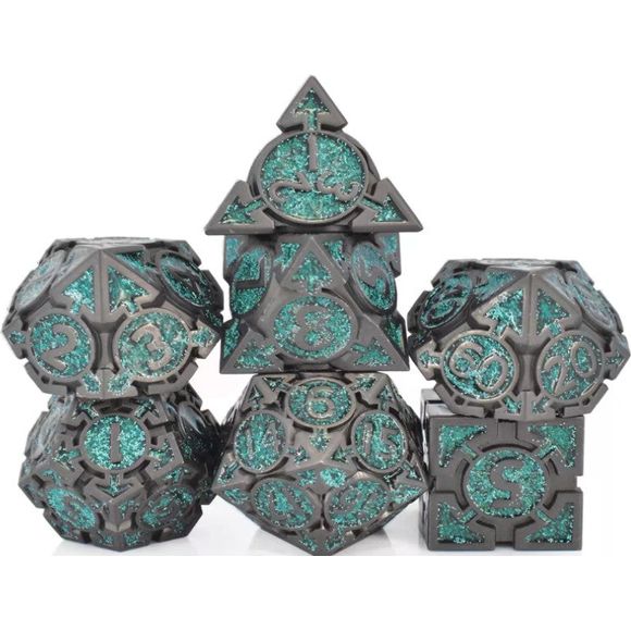 The perfect companion for your gaming needs! These premium die-cast polyhedral dice are exactly what you've been searching for that upcoming game night with the group. Stored in a quality, brushed metal tin with foam insert. These dice are a rich metal with nice weight to them and engraved each with crisp, easy-to-read numerals. Many styles and colors are available.

This set includes one of each: d20, d12, d10, d10 (percentile), d8, d6, and a d4 (7 dice in total). All inside the Galactic Toys Dice Tin.