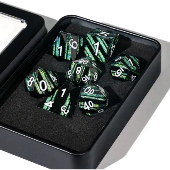 Galactic Dice Premium Dice Sets - Green & Black Stripe Set of 7 Dice with Tin | Galactic Toys & Collectibles