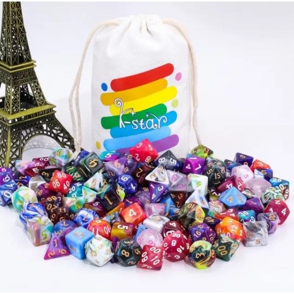 Each bag contains 10 separate sets of dice (7 in a single set) from a pool of 79 possible different aurora dice sets. Who knows what you'll get!