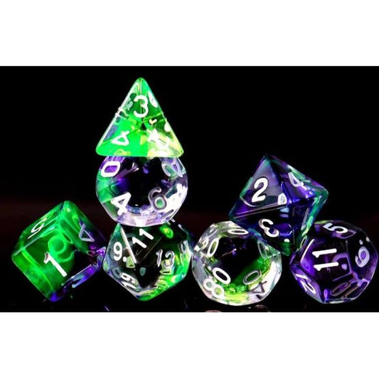 Galactic Dice Acrylic Sets - Clear Purple & Green Set of 7 Dice | Galactic Toys & Collectibles