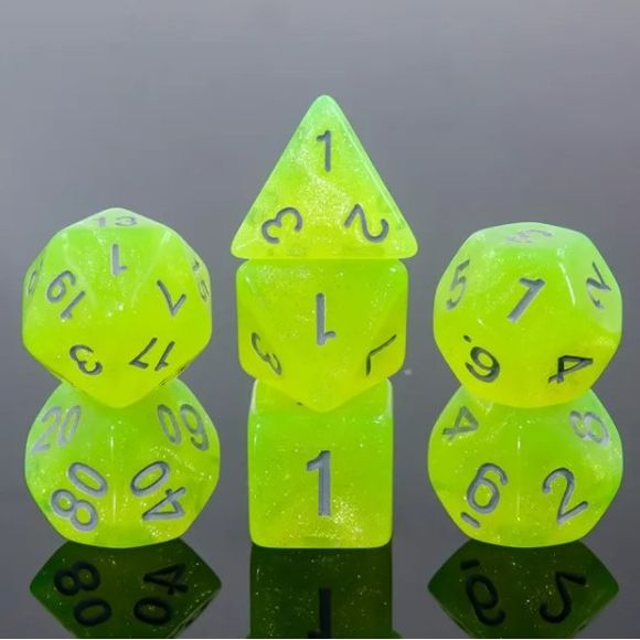 A 7 pcs Polyhedral dice set used for Dungeons and Dragons, MTG , RPG Games etc. The dice included are 1- D4,1- D6,1- D8,1- D10,1- D00,1- D12, and 1- D20