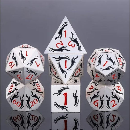 The perfect companion for your gaming needs! These premium die-cast polyhedral dice are exactly what you've been searching for that upcoming game night with the group. Each set weighs roughly 5 ounces and are stored in a quality, brushed metal tin with foam insert. These dice are engraved with crisp, easy-to-read numerals. Many styles and colors are available.

This set includes one of each: d20, d12, d10, d10 (percentile), d8, d6, and a d4 (7 dice in total). All inside a premium Dice Tin.