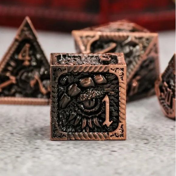 Galactic Dice Premium Dice Sets - Ancient Call Bright Copper Set of 7 Dice with Tin | Galactic Toys & Collectibles