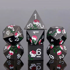 The perfect companion for your gaming needs! These premium die-cast polyhedral dice are exactly what you've been searching for that upcoming game night with the group. Each set weighs roughly 5 ounces and are stored in a quality, brushed metal tin with foam insert. These dice are engraved with crisp, easy-to-read numerals. Many styles and colors are available.

This set includes one of each: d20, d12, d10, d10 (percentile), d8, d6, and a d4 (7 dice in total). All inside a premium Dice Tin.