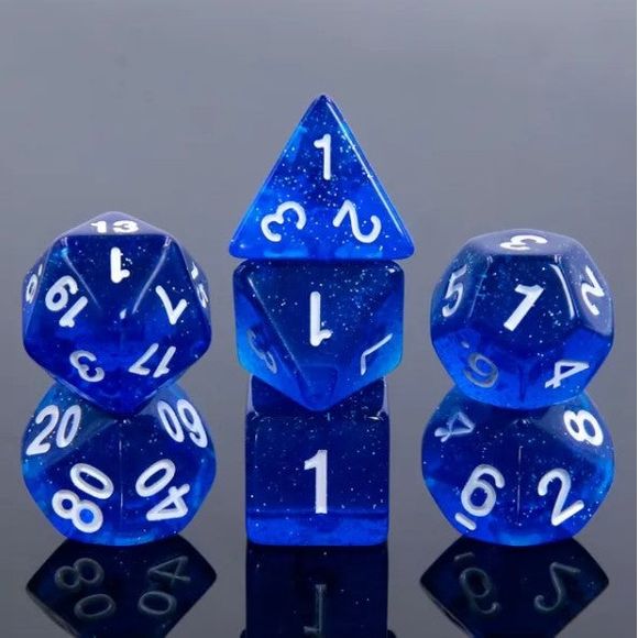 A 7 pcs Polyhedral dice set used for Dungeons and Dragons, MTG , RPG Games etc. The dice included are 1- D4,1- D6,1- D8,1- D10,1- D00,1- D12, and 1- D20