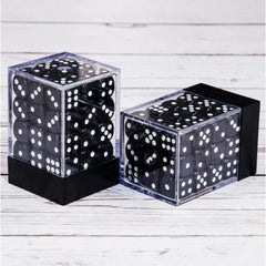 36 individual D6 dice in a container. Each die measures 12mm