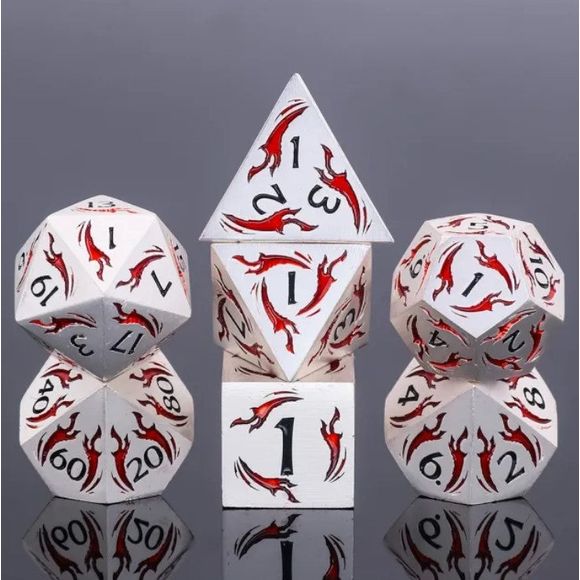 The perfect companion for your gaming needs! These premium die-cast polyhedral dice are exactly what you've been searching for that upcoming game night with the group. Each set weighs roughly 5 ounces and are stored in a quality, brushed metal tin with foam insert. These dice are engraved with crisp, easy-to-read numerals. Many styles and colors are available.

This set includes one of each: d20, d12, d10, d10 (percentile), d8, d6, and a d4 (7 dice in total). All inside a premium Dice Tin.