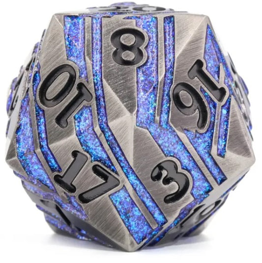 The perfect companion for your gaming needs! These premium die-cast polyhedral dice are exactly what you've been searching for that upcoming game night with the group. These dice are engraved with crisp, easy-to-read numerals. This particular D20 glitters with galaxy-like metal.