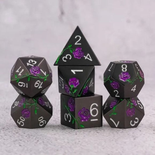 The perfect companion for your gaming needs! These premium die-cast polyhedral dice are exactly what you've been searching for that upcoming game night with the group. Each set weighs roughly 5 ounces and are stored in a quality, brushed metal tin with foam insert. These dice are engraved with crisp, easy-to-read numerals. Many styles and colors are available.

This set includes one of each: d20, d12, d10, d10 (percentile), d8, d6, and a d4 (7 dice in total). All inside a premium Dice Tin.