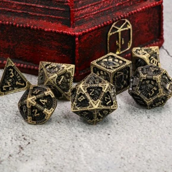 Galactic Dice Premium Dice Sets - Ancient Call Brass Set of 7 Dice with Tin | Galactic Toys & Collectibles