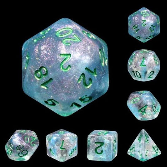 The perfect companion for your gaming needs! These HD acrylic dice are exactly what you've been searching for that upcoming game night with the group. This set includes one of each: d20, d12, d10, d10 (percentile), d8, d6, and a d4 (7 dice in total) in a