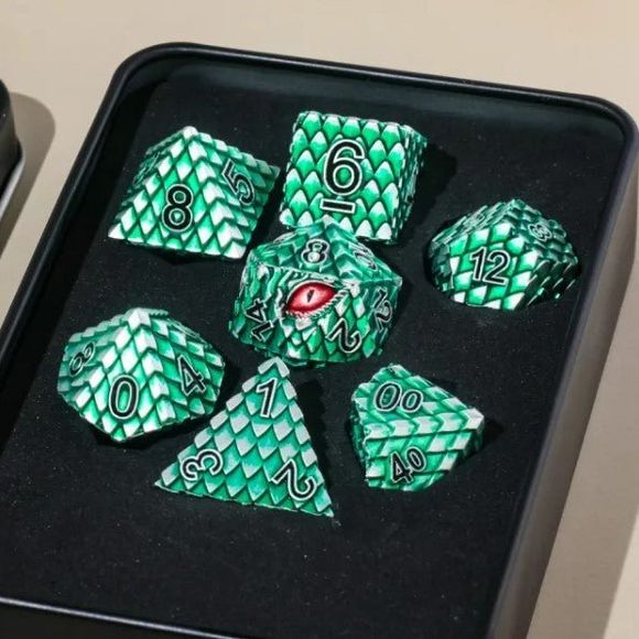 Galactic Dice Premium Dice Sets - Silver & Green Dragon Set of 7 Dice with Tin | Galactic Toys & Collectibles