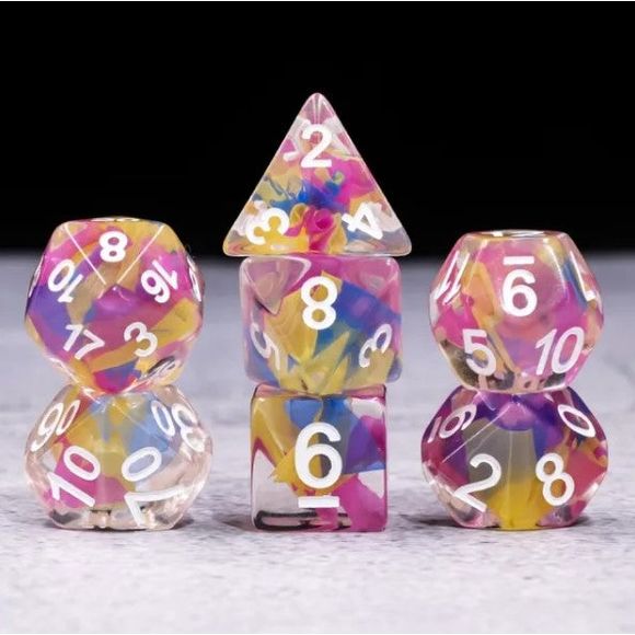 The perfect companion for your gaming needs! These HD acrylic dice are exactly what you've been searching for that upcoming game night with the group. This set includes one of each: d20, d12, d10, d10 (percentile), d8, d6, and a d4 (7 dice in total) in a