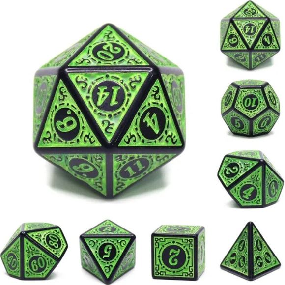 A 7 pcs Polyhedral dice set used for Dungeons and Dragons, MTG , RPG Games etc. The dice included are 1- D4,1- D6,1- D8,1- D10,1- D00,1- D12, and 1- D20