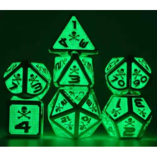 Galactic Dice Premium Dice Sets - Glow-in-the-Dark Skull Metal Set of 7 Dice with Tin | Galactic Toys & Collectibles