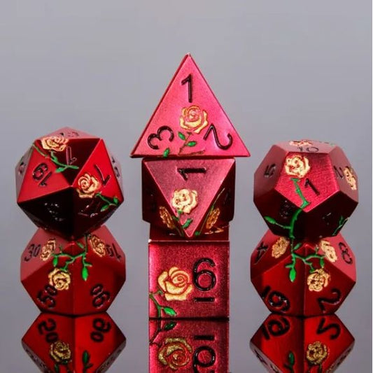 The perfect companion for your gaming needs! These premium die-cast polyhedral dice are exactly what you've been searching for that upcoming game night with the group. Each set weighs roughly 5 ounces and are stored in a quality, brushed metal tin with foam insert. These dice are engraved with crisp, easy-to-read numerals. Many styles and colors are available.

This set includes one of each: d20, d12, d10, d10 (percentile), d8, d6, and a d4 (7 dice in total). All inside a premium Dice Tin.