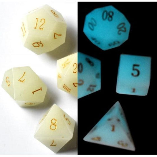 The perfect companion for your gaming needs! These premium, high-end cut stone polyhedral dice are exactly what you've been searching for that upcoming game night with the group. Each set weighs roughly 8 ounces and are stored in a quality, brushed metal tin with foam insert. These dice are a rich quality stone with nice weight to them and engraved each with crisp, easy-to-read numerals. Many styles and colors are available.

This set includes one of each: d20, d12, d10, d10 (percentile), d8, d6, and a d4 (