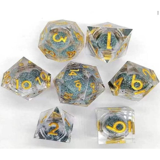 The perfect companion for your gaming needs! These premium, high-end resin are exactly what you've been searching for that upcoming game night with the group. These dice are quality resin with nice weight to them and engraved each with crisp, easy-to-read numerals. Many styles and colors are available.

This set includes one of each: d20, d12, d10, d10 (percentile), d8, d6, and a d4 (7 dice in total)! 

WARNING: These dice are extra sharp! Use with caution