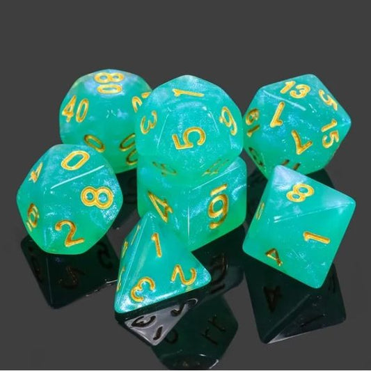 Galactic Dice Acrylic HD Dice Sets - Teal Water (Jade & Gold) Set of 7 Dice | Galactic Toys & Collectibles