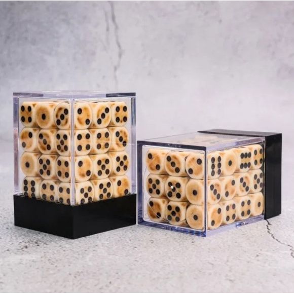 36 individual D6 dice in a container.