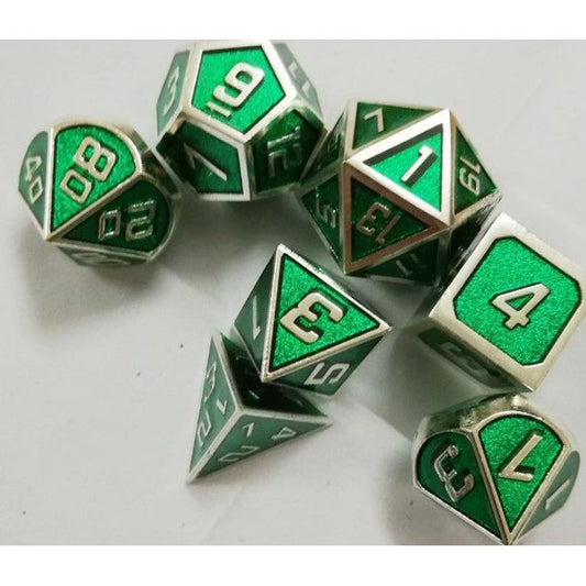 The perfect companion for your gaming needs! These premium die-cast polyhedral dice are exactly what you've been searching for that upcoming game night with the group. Stored in a quality, brushed metal tin with foam insert. These dice are a rich metal with nice weight to them and engraved each with crisp, easy-to-read numerals. Many styles and colors are available.

This set includes one of each: d20, d12, d10, d10 (percentile), d8, d6, and a d4 (7 dice in total). All inside the Galactic Toys Dice Tin.