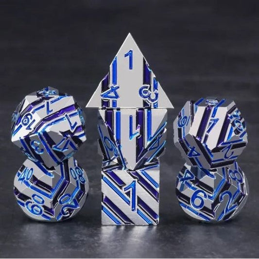 The perfect companion for your gaming needs! These premium die-cast polyhedral dice are exactly what you've been searching for that upcoming game night with the group. Each set weighs roughly 5 ounces and are stored in a quality, brushed metal tin with foam insert. These dice are engraved with crisp, easy-to-read numerals. Many styles and colors are available.

This set includes one of each: d20, d12, d10, d10 (percentile), d8, d6, and a d4 (7 dice in total). All inside a premium Dice Tin.