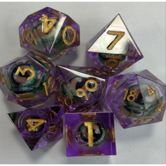 The perfect companion for your gaming needs! These premium, high-end resin are exactly what you've been searching for that upcoming game night with the group. These dice are quality resin with nice weight to them and engraved each with crisp, easy-to-read numerals. Many styles and colors are available.

This set includes one of each: d20, d12, d10, d10 (percentile), d8, d6, and a d4 (7 dice in total)! 

WARNING: These dice are extra sharp! Use with caution