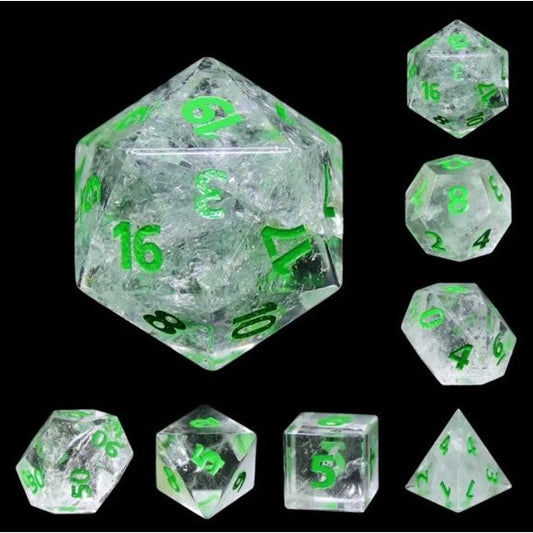 The perfect companion for your gaming needs! Made of authentic natural clear quartz. These premium stone dice are exactly what you've been searching for that upcoming game night with the group. 

This set includes on of each: d20, d12, d10, d10 (percentile), d8, d6, and a d4 (7 dice in total). All inside the Galactic Toys Dice Tin.