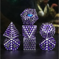 The perfect companion for your gaming needs! These premium die-cast polyhedral dice are exactly what you've been searching for that upcoming game night with the group. Each set weighs roughly 5 ounces and are stored in a quality, brushed metal tin with foam insert. These dice are engraved with crisp, easy-to-read numerals. Many styles and colors are available.

This set includes one of each: d20, d12, d10, d10 (percentile), d8, d6, and a d4 (7 dice in total). All inside a premium Dice Tin.