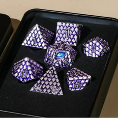 Galactic Dice Premium Dice Sets - Silver & Purple Dragon Set of 7 Metal Dice with Tin