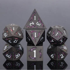 The perfect companion for your gaming needs! These premium die-cast polyhedral dice are exactly what you've been searching for that upcoming game night with the group. Each set weighs roughly 5 ounces and are stored in a quality, brushed metal tin with foam insert. These dice are engraved with crisp, easy-to-read numerals. Many styles and colors are available.

This set includes one of each: d20, d12, d10, d10 (percentile), d8, d6, and a d4 (7 dice in total). All inside a premium Dice Tin.