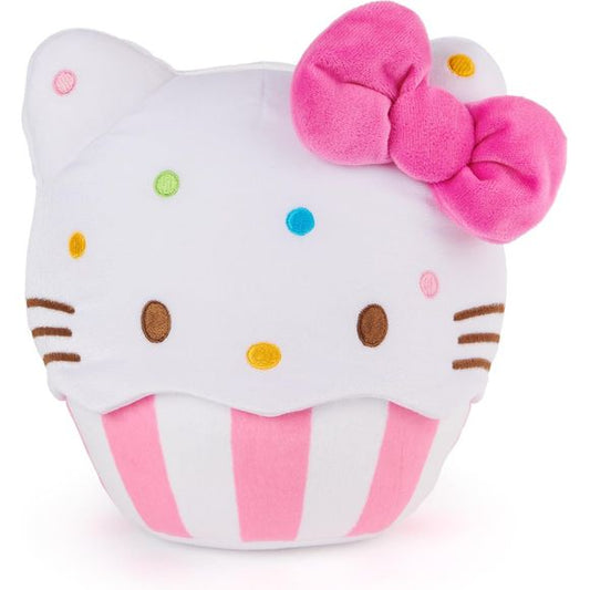 This large, soft and huggable 8-inch cupcake plush features Hello Kitty nestled in a pink-and-white striped baking cup, wearing her iconic hot pink bow. Her head is speckled with rainbow embroidered sprinkles, giving this soft plush an adorable and eye-catching design sure to impress any kawaii plushie collector. Make playtime even sweeter by completing your cupcake collection with 8-inch My Melody Kitty and Kuromi styles!