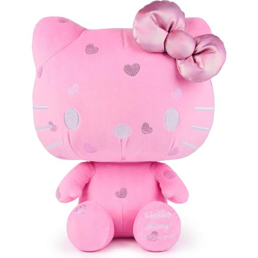 Celebrate 50 years of Hello Kitty with GUND! This cuddly, special-edition 12” plush shows the kawaii little girl from the world of Sanrio in all pink with special details sure to impress any collector and fan. Here Hello Kitty features soft, bubblegum-pink plush dotted with a sparkly metallic pink heart pattern. Her iconic bow features a cute, eye-catching pink iridescent sheen. Hello Kitty’s facial details, including whiskers, are silver and match the commemorative “Hello Kitty 50th Anniversary” embroidery