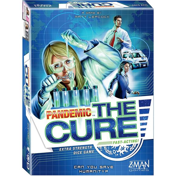 Pandemic: The Cure, a dice-based version of the popular Pandemic board game, sets up in less than a minute and plays in 30 minutes. As in the board game, four diseases threaten the world and it's up to your team to save humanity. You and your team must keep the world's hotspots in check before they break out of control, while researching cures to the four plagues.  Players roll dice each turn to determine the actions available to them. They can fly and sail between the six major population centers of the wo