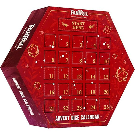 Tis the season to roll with Santa! The FanRoll advent calendar has 25 days of dice madness and includes: -One Exclusive set of Inclusion Dice (Holiday Themed) -Two full sets of assorted dice (d4, d6, d8, d10, d12, and d20) -One Exclusive Mini Set -One Exclusive Metal 20-sided die -A holiday themed FanRoll dice bag to carry your loot!