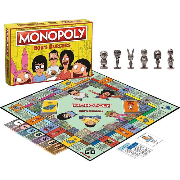 "Chorizo your own adventure burger" in this classic edition of Monopoly! buy, sell, and trade locations from “Seymour's bay” including Jimmy pesto’s Pizzeria, wag staff school, beville’s, and wonder Wharf. Choose your favorite custom character token to travel around the board and relive your favorite moments from the show. Grab your apron and get cooking’ in this custom Bob's burgers edition of Monopoly