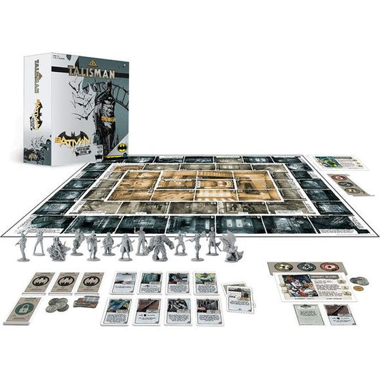 Take on the role of Gotham City’s notorious evil-doers in Talisman: Batman Super-Villains Edition. Sneak and fight your way through Arkham Asylum’s two floors and central tower to be the first to subdue Batman and successfully release its dangerous inmates.
The anti-heroic objective in this take on the classic fantasy tabletop game of Talisman focuses on building the Health, Strength, and Cunning of the Caped Crusader’s enemies. Play cooperatively or against others before a winner earns the reputation of K