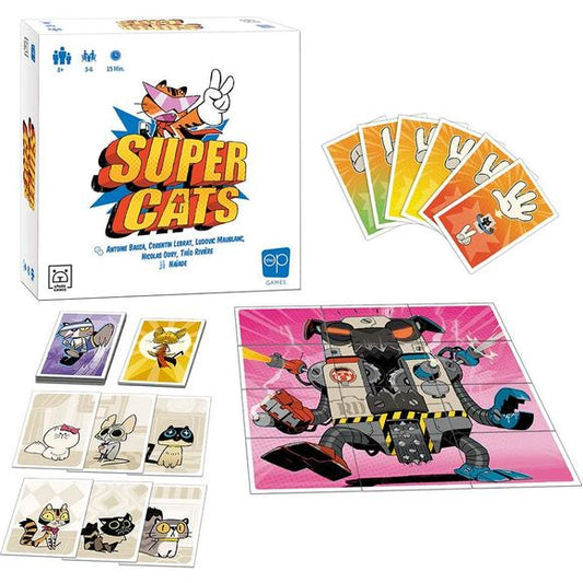 In Super Cats, you play as groups of 5 cats who compete to become the Super Cats Heroes, in order to defeat the RoboDog, devourer of cat food! The first player to transform his 5 cats becomes the Hero and will face the other players who will then collectively play as the RoboDog. Fights occur in real time, with everyone playing simultaneously, using their hands. 3-6 Players | Ages 8+ | 15 Minute Play Time