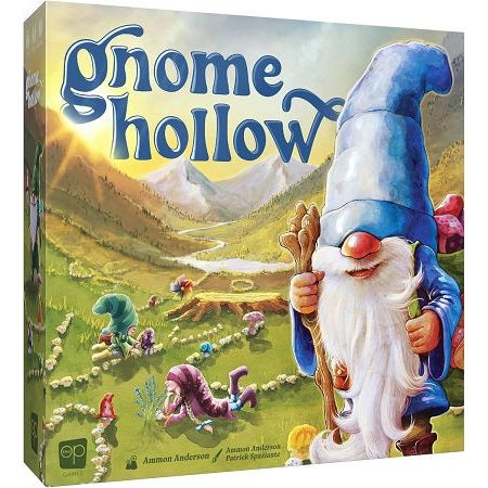 Gnome Hollow is a beautiful Eurogame featuring spatial, tile placement/worker placement mechanics where players grow a tabletop garden of mushrooms and flowers. Players place tiles to develop rings of valuable mushrooms. Once completed, they harvest each mushroom, choose bonuses, and eventually carry their mushrooms to market to sell for the shiniest treasures available in the hollow. Player boards automatically calculate scores while simultaneously offering strategic decisions.