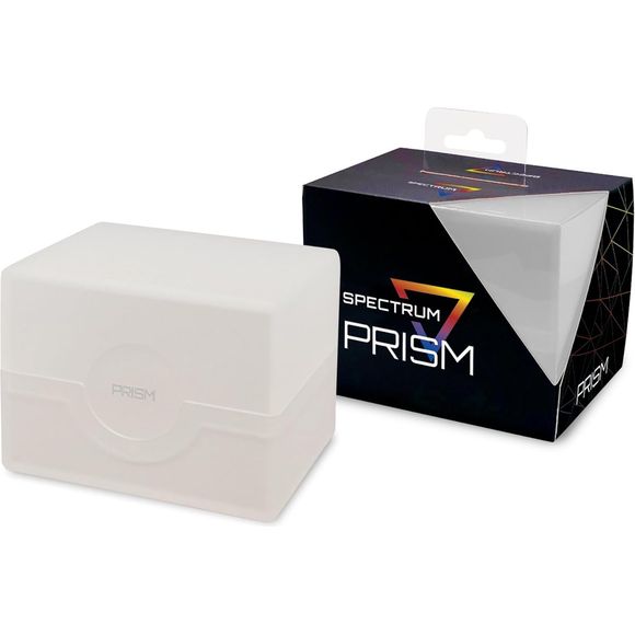 The Pale Moon White Prism Deck Cases are made of strong, translucent plastic, and have a matte shell. These boxes hold a deck of cards in a horizontal format, which makes it easy to remove the cards. The boxes have a secure snap closure, and squeeze to open. The fit will not allow the case to open accidentally, so cards stay safe during transport. Sized to hold 100 standard double-sleeved cards, the Prism cases are perfect for a variety of games, from Commander decks for Magic the Gathering, to constructed